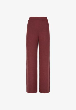 Pantalon bordeaux à jambes larges en matériau texturé avec une taille haute élastique. Silhouette droite, sans poches apparentes ni accents.
