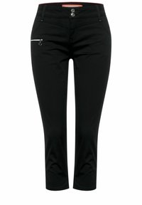 Pantaloni neri cropped con una texture liscia, dotati di due bottoni, una tasca laterale con zip e un design aderente.