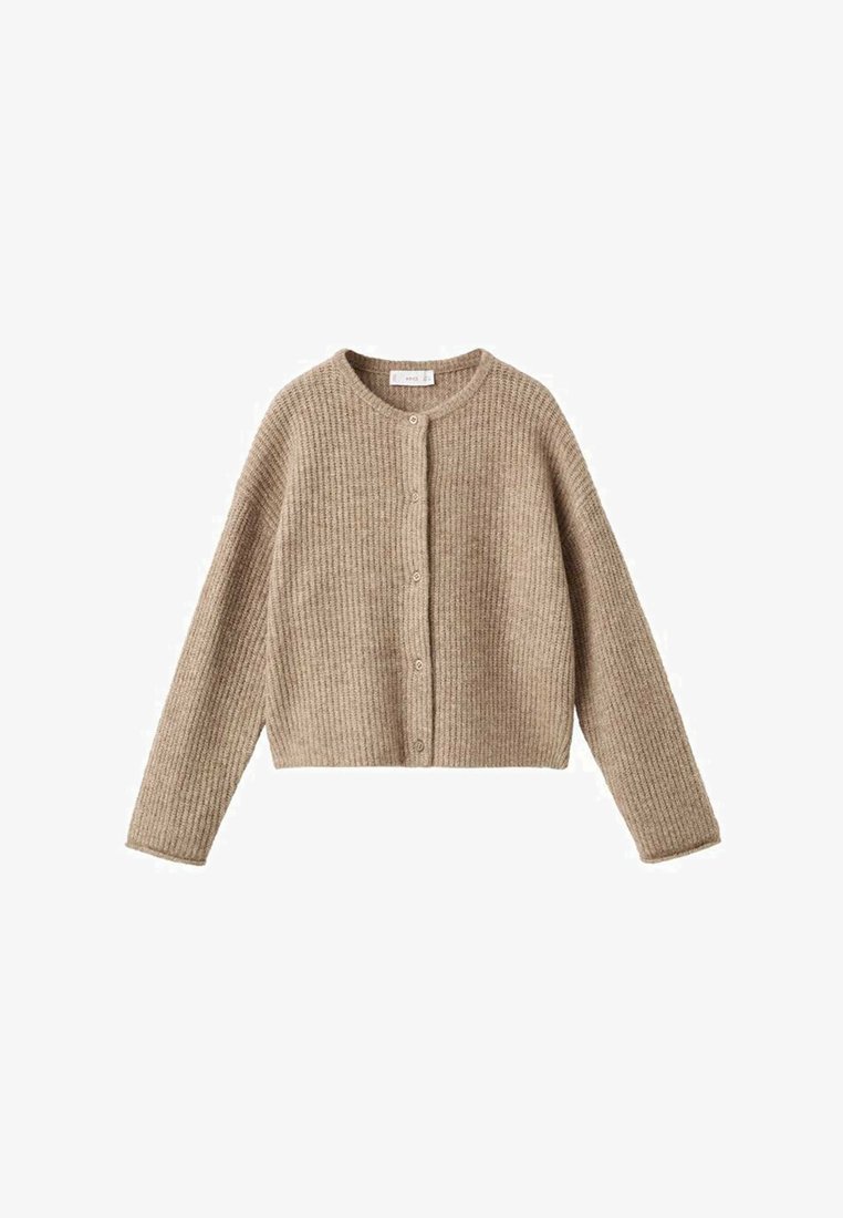 Cardigan scurt de culoare bej, realizat dintr-un material tricotat cu aspect de rișă. Are mâneci lungi, gât rotund și închidere cu nasturi în față. Textură moale și design casual.