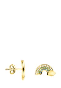 Orecchini a perno color oro a forma di arcobaleno, con pietre blu e verdi, uno sfondo texturizzato e dettagli curvi.