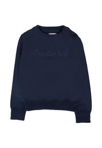 Maglione lavorato a maglia blu navy con scollatura rotonda, maniche lunghe e dettagli con bottoni sulla spalla. "Trussardi" è ricamato sulla parte anteriore.