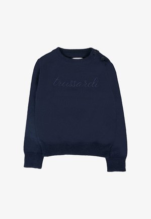 Maglione lavorato a maglia blu navy con scollatura rotonda, maniche lunghe e dettagli con bottoni sulla spalla. "Trussardi" è ricamato sulla parte anteriore.