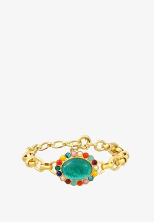 Bracelet chaîne en or avec une grande pierre ovale turquoise au centre, entourée de petites pierres multicolores et de perles, fermeture par fermoir.