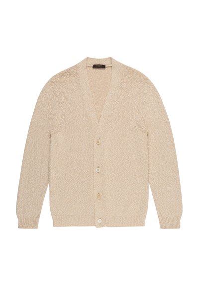 Beige cardigan with a V-neck, long sleeves, and a textured pattern. Features five buttons down the front and ribbed cuffs and hem.