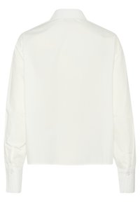 White long-sleeve shirt with a classic collar, smooth texture, and buttoned cuffs. Features a plain back design without embellishments.