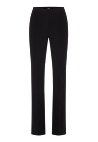 Zwarte, slimfit broek met een gladde structuur, rechte pijpen en een elastische tailleband. Geen zichtbare zakken of versieringen.