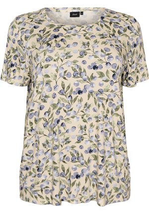 Kremowa koszula z krótkim rękawem z wzorem niebieskich i fioletowych jagód oraz zielonych liści, okrągły dekolt i luźny krój.