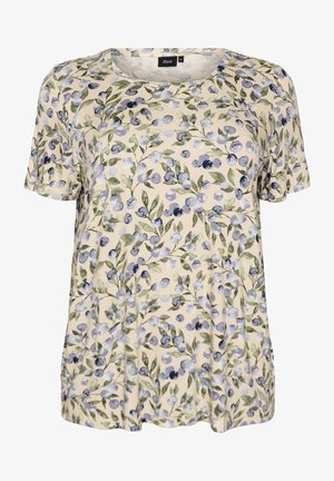 Kremowa koszula z krótkim rękawem z wzorem niebieskich i fioletowych jagód oraz zielonych liści, okrągły dekolt i luźny krój.