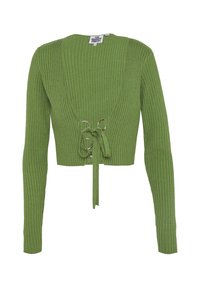 Zelený žebrovaný pletený krátký svetr s dlouhými rukávy, s hlubokým výstřihem do V a zavazováním vpředu s kovovými ozdobami.