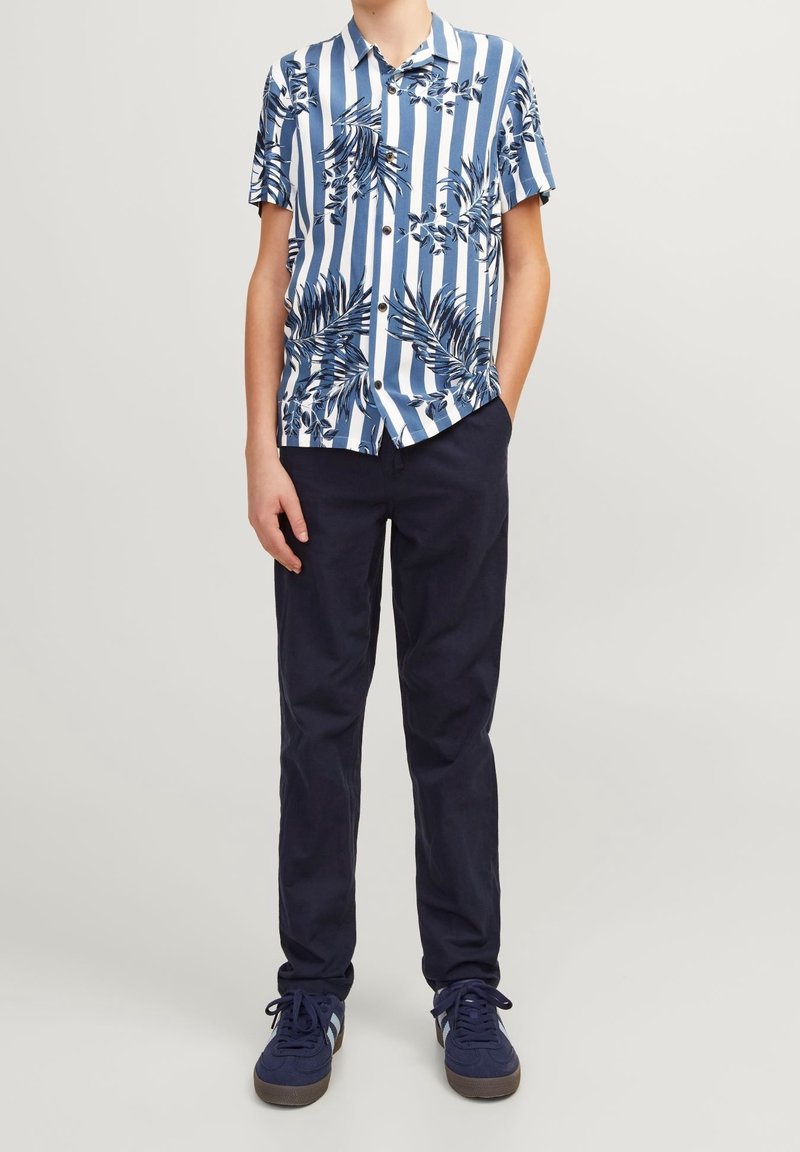 Personne portant une chemise à manches courtes rayée verticalement bleu et blanc avec des motifs de feuilles foncées, un pantalon bleu marine et des baskets bleues.