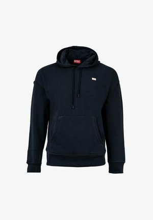 Czarna bluza Diesel z kapturem, przednia kieszeń kangurza, regulowany sznurek kaptura i małe logo Diesel na piersi oraz wewnątrz kołnierza.