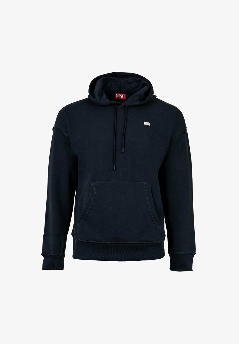 Sweat à capuche Diesel noir avec poche kangourou à l’avant, capuche réglable avec cordon et petit logo Diesel sur la poitrine et à l’intérieur du col.