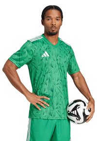 Grünes Fußballtrikot mit strukturiertem Muster, kurzen Ärmeln, V-Ausschnitt und weißen Adidas-Streifen. Hält einen schwarz-weißen Fußball.