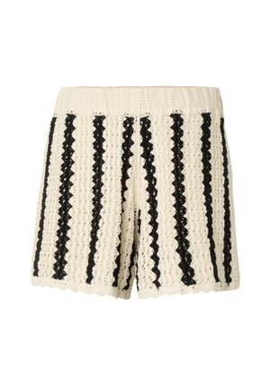 Kremfargede heklete shorts med vertikale svarte bølgete striper og elastisk midjebånd.