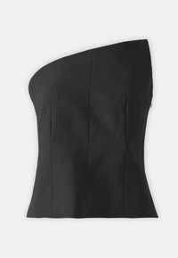 Top noir à une épaule avec une coupe ajustée, une forme structurée, une texture lisse et des coutures verticales sur le bodice. Fermeture éclair au dos.