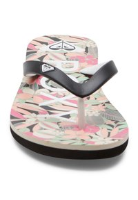 Infradito neri con una fascia testurizzata, caratterizzati da un motivo floreale in tonalità di rosa e verde su uno sfondo bianco sporco. Suola nera.