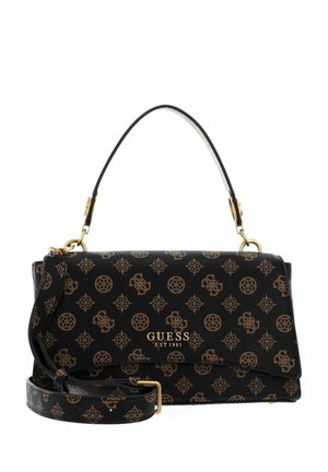 Borsa a mano in pelle nera con hardware dorato, caratterizzata da un design a pattern e una tracolla regolabile. Mostra il nome del marchio "GUESS" in evidenza.
