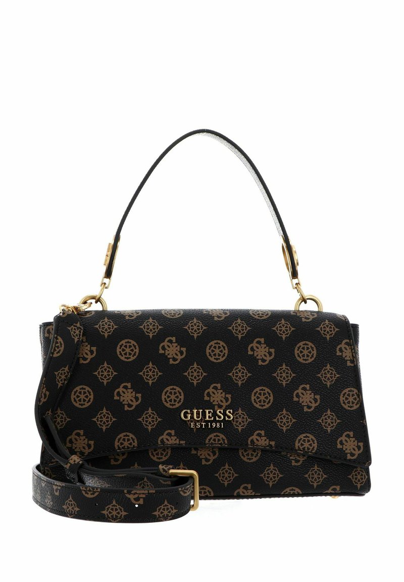 Borsa a mano in pelle nera con hardware dorato, caratterizzata da un design a pattern e una tracolla regolabile. Mostra il nome del marchio "GUESS" in evidenza.