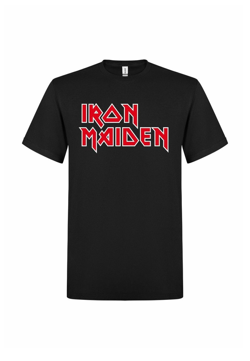 Černé bavlněné tričko s výrazným červeným nápisem "IRON MAIDEN" ve stylizovaném písmu na přední straně. Klasický kulatý výstřih, krátké rukávy.