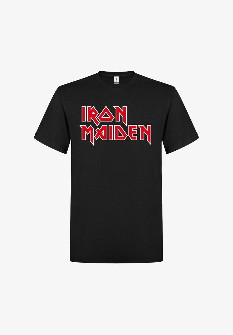 Černé bavlněné tričko s výrazným červeným nápisem "IRON MAIDEN" ve stylizovaném písmu na přední straně. Klasický kulatý výstřih, krátké rukávy.