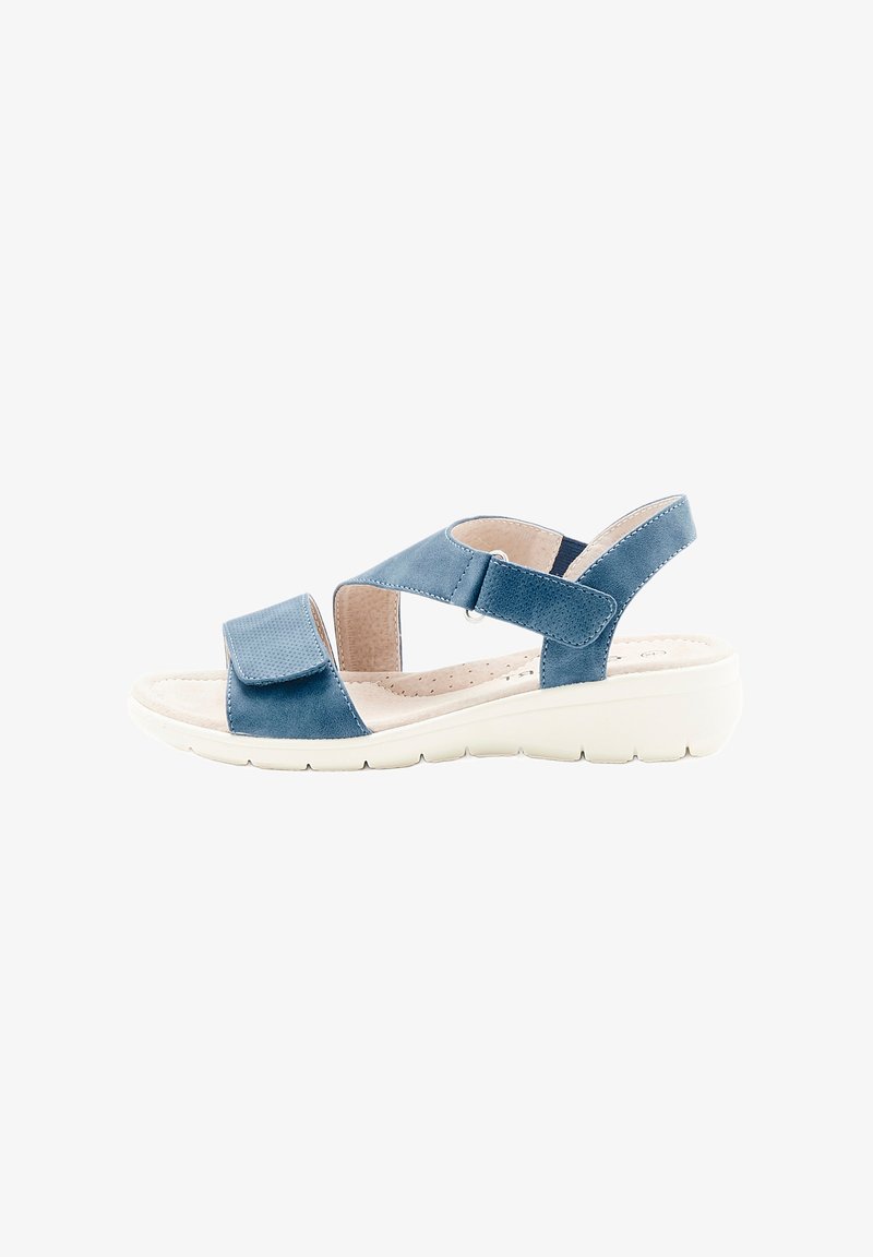 Blauwe leren sandaal met verstelbare straps, een padded binnenzool en een witte rubberen zool. Beschikt over een gladde afwerking en een minimalistisch ontwerp.