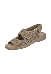 Sandalias ligeras con un estampado de serpiente en tonos marrón y beige, que cuentan con tres correas ajustables de Velcro y una suela contorneada y acolchada.