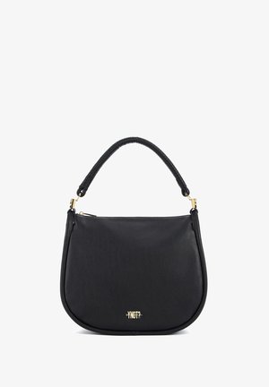 Borsa a tracolla in pelle nera con texture liscia, forma semi-ovale, manico intrecciato e accenti in hardware dorato, con un logo sulla parte anteriore.