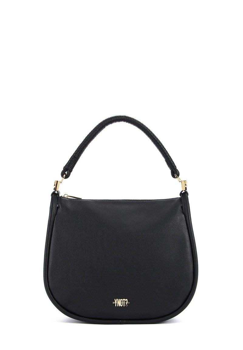 Borsa a tracolla in pelle nera con texture liscia, forma semi-ovale, manico intrecciato e accenti in hardware dorato, con un logo sulla parte anteriore.