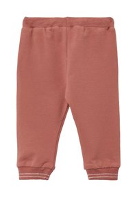 Roodbruine katoenen joggingbroeken met een zachte textuur, een elastische tailleband en ribgebreide manchetten met lichtgrijze strepen.
