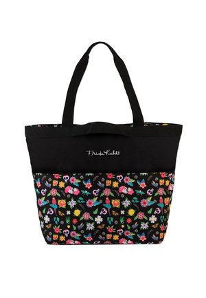 Schwarze Tragetasche mit floralen und Totenkopf-Mustern am Boden, ausgestattet mit stabilen schwarzen Trägern und "Frida Kahlo" auf der Vorderseite gestickt.