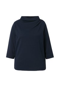 Top blu navy con scollo a cappuccio, maniche tre quarti e tessuto texture. Taglio dritto con vestibilità rilassata, design minimale e senza chiusure visibili.