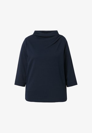 Dunkelblaues Oberteil mit einem Schalkragen, Dreiviertelärmeln und strukturiertem Stoff. Gerader Schnitt mit lockerer Passform, minimalistisches Design und keine sichtbaren Verschlüsse.