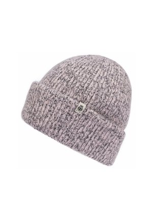 Gorro de punto de color púrpura claro con ala doblada y pequeño parche rectangular con logo en el centro frontal.