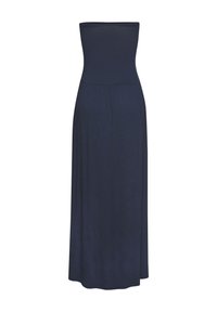 Vestido maxi sin tirantes de color navy, hecho de una tela suave, que presenta un corsé ajustado, cintura plisada y una falda fluida con una textura suave.