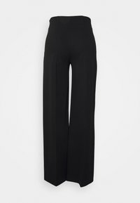 Pantalons larges noirs à taille haute, en tissu lisse. Caractéristiques d'un design épuré et de jambes droites pour une apparence élancée.