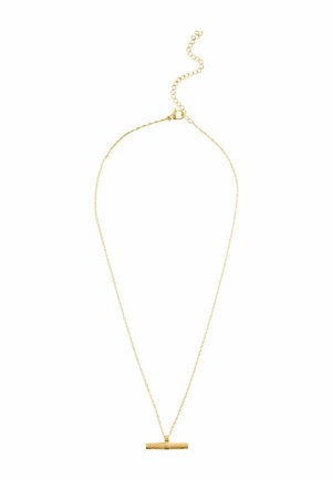 Delicate gold chain necklace with a horizontal textured gold bar pendant and an adjustable clasp closure.