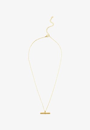Delicate gold chain necklace with a horizontal textured gold bar pendant and an adjustable clasp closure.