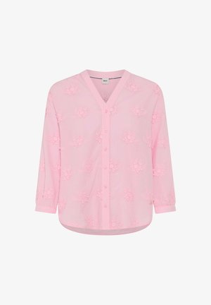Light pink button-up blouse with 3D floral patterns and 3/4 sleeves, featuring a V-neck and rounded hem.