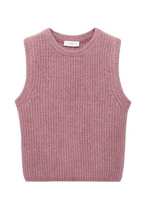 Ærmeløs strikket pink sweatervest med rund halsudskæring og ribbet tekstur.