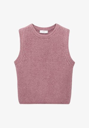 Gilet pull rose tricoté sans manches avec encolure ronde et texture côtelée.