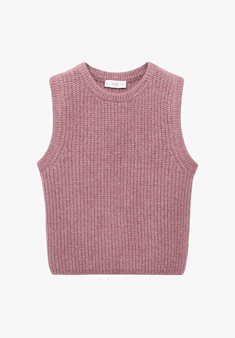 Gilet pull rose tricoté sans manches avec encolure ronde et texture côtelée.