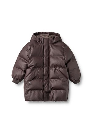Manteau d'hiver matelassé marron pour enfants avec capuche, poches avant et poignets élastiques sur fond blanc.