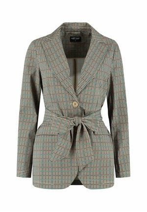 Dames getailleerde blazer met lange mouwen, ruitpatroon in beige en groen, sluiting met één knoop en bijpassende stoffen riem gestrikt in de taille.