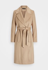 Beige ullblandad bältejacka med kavajkrage, långa ärmar och två framfickor. Mjuk textur och skräddarsydd passform.