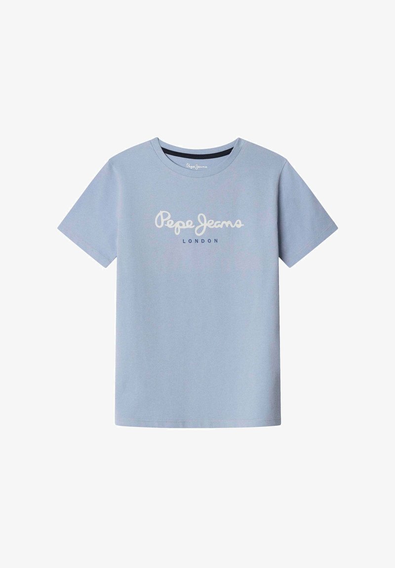 Šviesiai mėlyna medvilninė marškinėlių su trumpomis rankovėmis. Priekyje spausdinta "Pepe Jeans" ir "LONDON" balta spalva. Apvalaus kaklo dizainas.