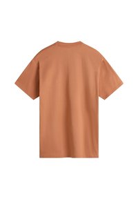 T-shirt a maniche corte, leggero, di colore ruggine. Tessuto in cotone morbido con un taglio rilassato e colletto rotondo classico. Senza loghi o motivi visibili.