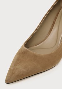 Gros plan d'une chaussure plate en daim beige à bout pointu avec une doublure intérieure beige lisse sur un fond clair.