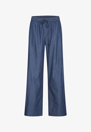 Džínsy s širokými nohavicami a elastickým pásom so šnúrkou, s hladkou textúrou a hlbokou modrou farbou.