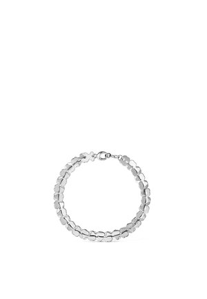 Silver double-strand bracelet with interlocking flower-shaped links and a lobster clasp closure on a white background.