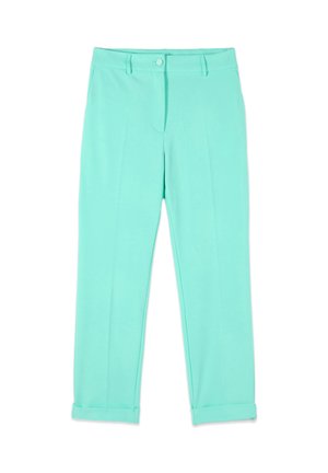Schmal geschnittene türkisfarbene Hose mit Frontknopf- und Reißverschluss, Gürtelschlaufen, Seitentaschen und gekrempelten Säumen.